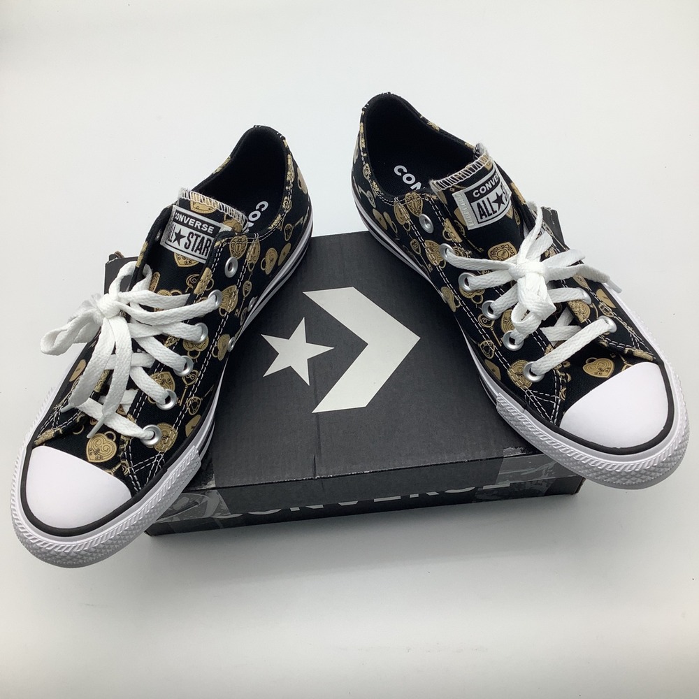 Converse Jack Purcell All Star Low Top Black Gold Key Print Sneakers NWT
